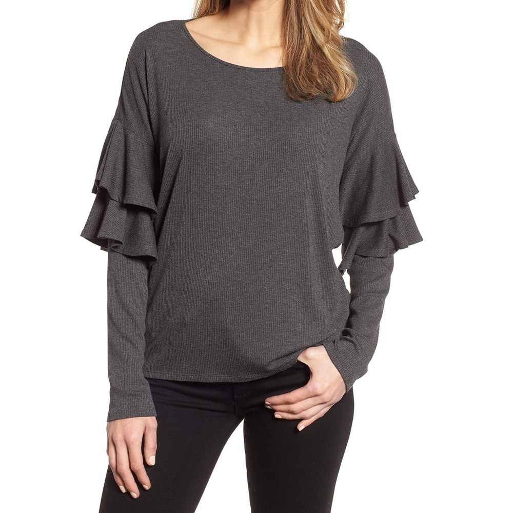 CeCe Ruffle Tiered Sleeve Knit Top Sweater Grey M
